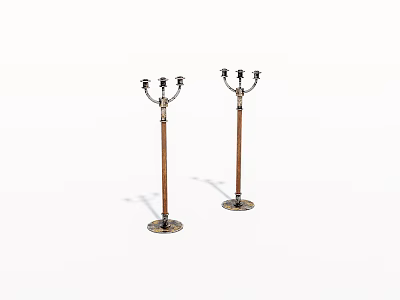 Pair Of Decorative Wooden Candle Holders With Metal Arms And Ornate Base 3d model