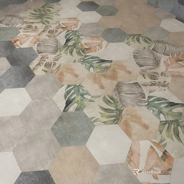 Hexagonal Tiles With Tropical Plant Patterns And Various Colors For Modern Interior Flooring 3d model 