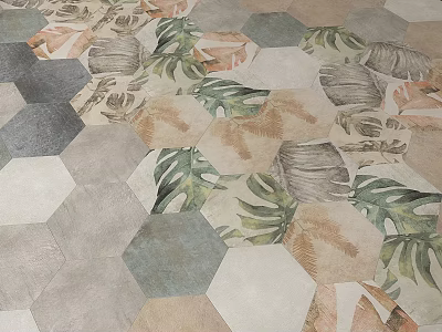 Hexagonal Tiles With Tropical Plant Patterns And Various Colors For Modern Interior Flooring 3d model