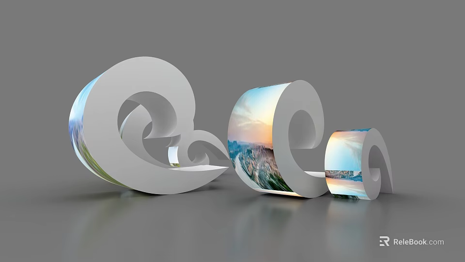 Spiral Shaped Event Display Wall With Scenic Mountain Sky And City 3d model 