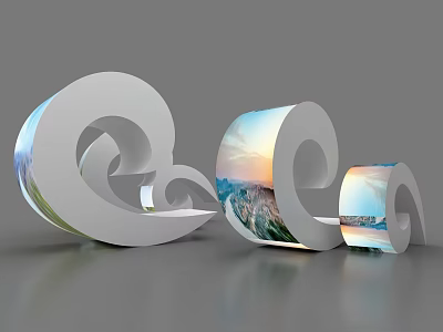 Spiral Shaped Event Display Wall With Scenic Mountain Sky And City 3d model