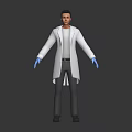 Man Wearing White Lab Coat Blue Gloves Gray Pants And Gray Shoes On Dark Background
