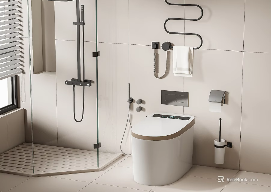 Modern Toilet Design In Bathroom With Light Colored Tile Walls Towel Rack And Shower Area 3d model 