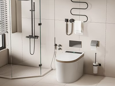 Modern Toilet Design In Bathroom With Light Colored Tile Walls Towel Rack And Shower Area 3d model