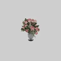 Pink Roses With Green Leaves In Transparent Glass Vase For Home Decoration