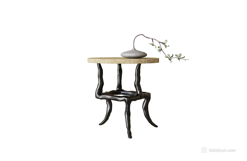 Elegant Side Table With Wooden Top Black Curved Legs And Gray Vase White Flower Branch 3d model 