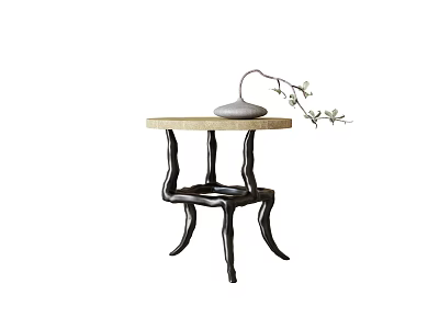 Elegant Side Table With Wooden Top Black Curved Legs And Gray Vase White Flower Branch 3d model