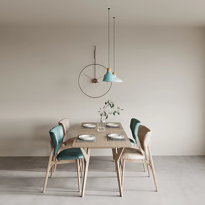 Modern Dining Table With Light Blue Chairs And Hanging Pendant Lamps 3d model