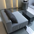 Modern Light Gray Single Sofa With Dark Cushions By Window Overlooking Mountain Field View