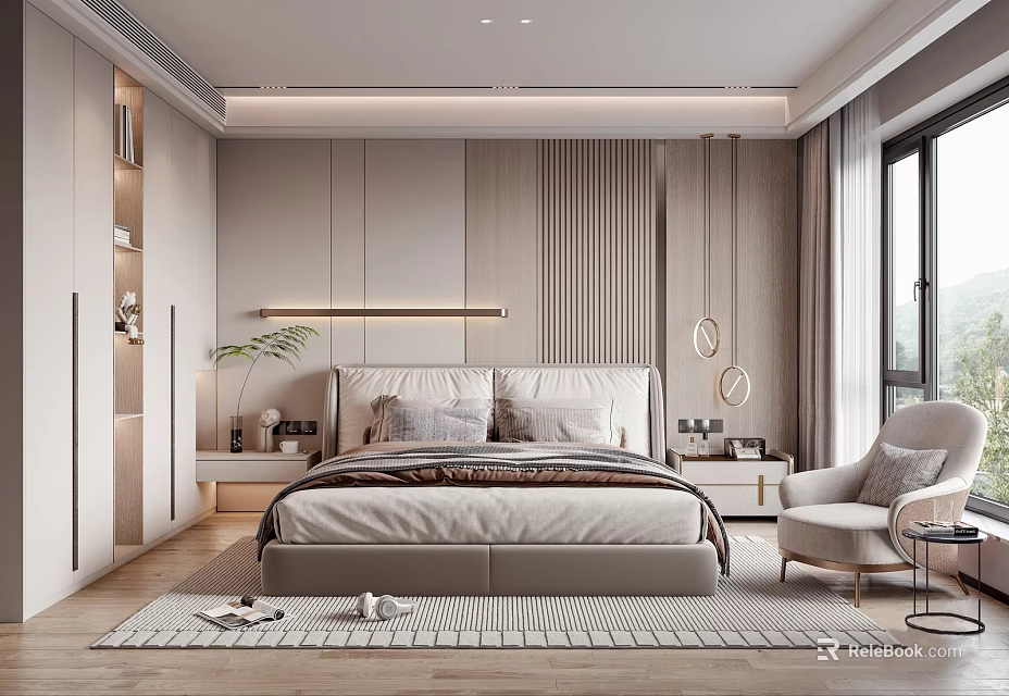 Modern Bedroom Interior Design With Comfortable Bed Nightstands Armchair Large Windows And Bookshelves 3d model 