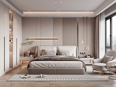 Modern Bedroom Interior Design With Comfortable Bed Nightstands Armchair Large Windows And Bookshelves 3d model