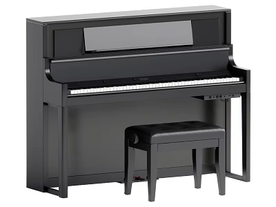 Modern Black Upright Piano With Matching Stool For Home Music Room 3d model