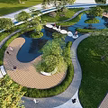 Park Landscape With Winding Paths Water Features Greenery And Seating Areas