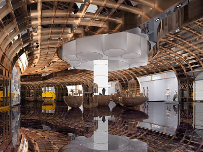 Elegant Modern Shopping Mall Lobby Interior With Arched Metallic Ceiling And Reflective Floor 3d model