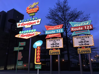 Vibrant Road Signs Featuring Route 123 66 Coffee Burger Diner Loves Kernav And Opening Hours 3d model
