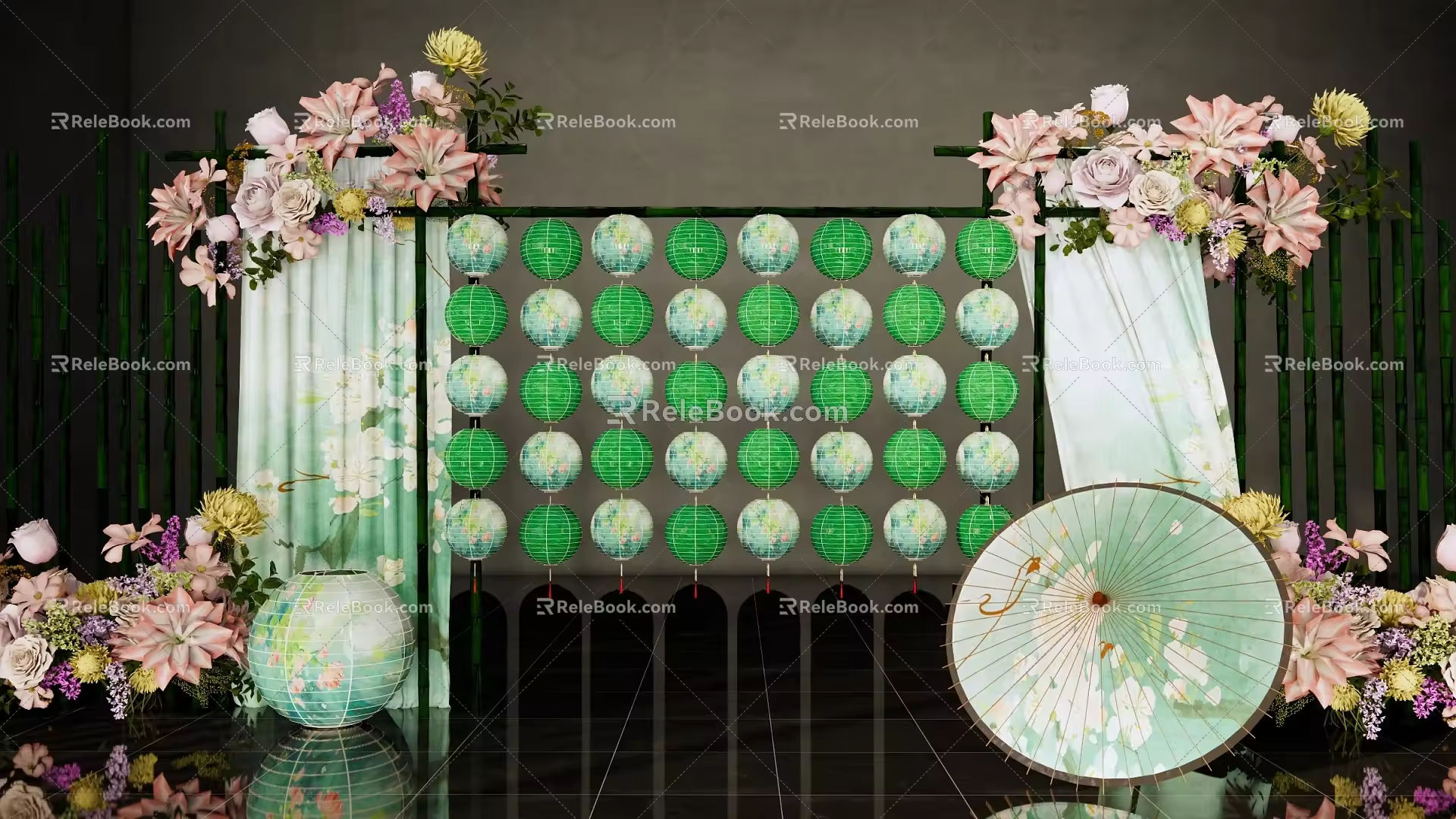 New Chinese Lantern Meichen Bamboo Lantern Rack Art Device Net Celebrous Pin Card National Tide Meichen Paper Umbrella 3d model