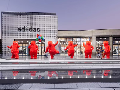 Red Bear Sculptures Dancing In Front Of Adidas Store With Balloons And Reflection 3d model