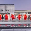 Red Bear Sculptures Dancing In Front Of Adidas Store With Balloons And Reflection