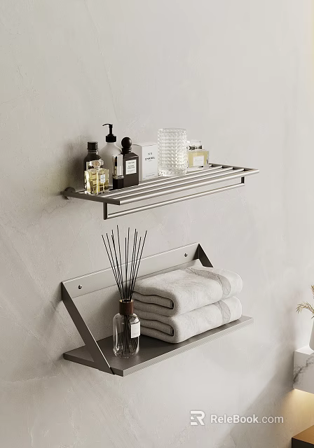 Modern Bathroom Wall Mounted Shelf Stainless Steel With Toiletries Bottles Glass And Folded White Towels 3d model 