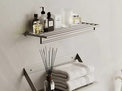 Modern Bathroom Wall Mounted Shelf Stainless Steel With Toiletries Bottles Glass And Folded White Towels 3d model