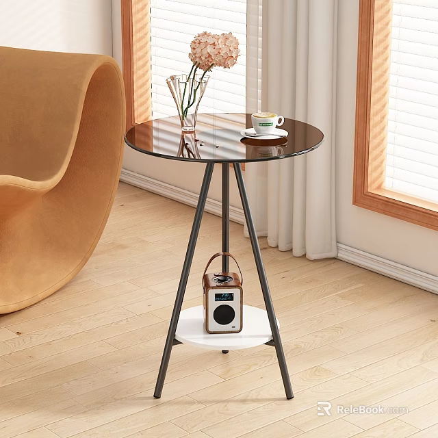 Modern Glass Top Coffee Table with Black Metal Frame Lower Shelf and Vintage Radio 3d model 
