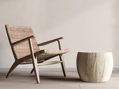 Natural Leisure Chair With Wicker Seat And Backrest And Wooden Frame Alongside Wooden Round Stool 3d model