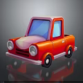 Red Cartoon Truck with Pink Roof Front and Blue Windows Black Wheels on Reflective Surface