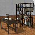 Wooden Desk and Chair Set with Bookshelf Books Globe in Study Room on Wooden Floor