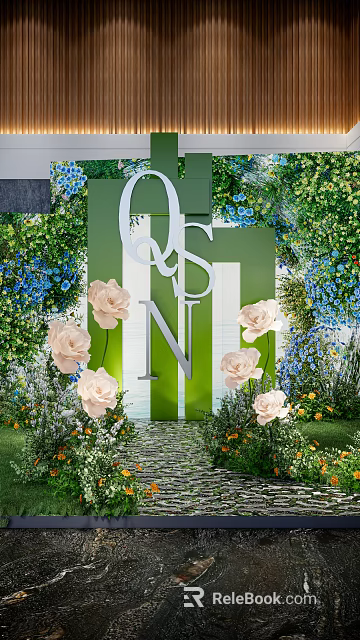 Floral Display With Green Letters Pink Roses And Lush Greenery Garden Pathway 3d model 