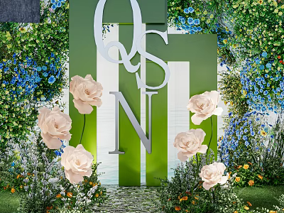 Floral Display With Green Letters Pink Roses And Lush Greenery Garden Pathway 3d model