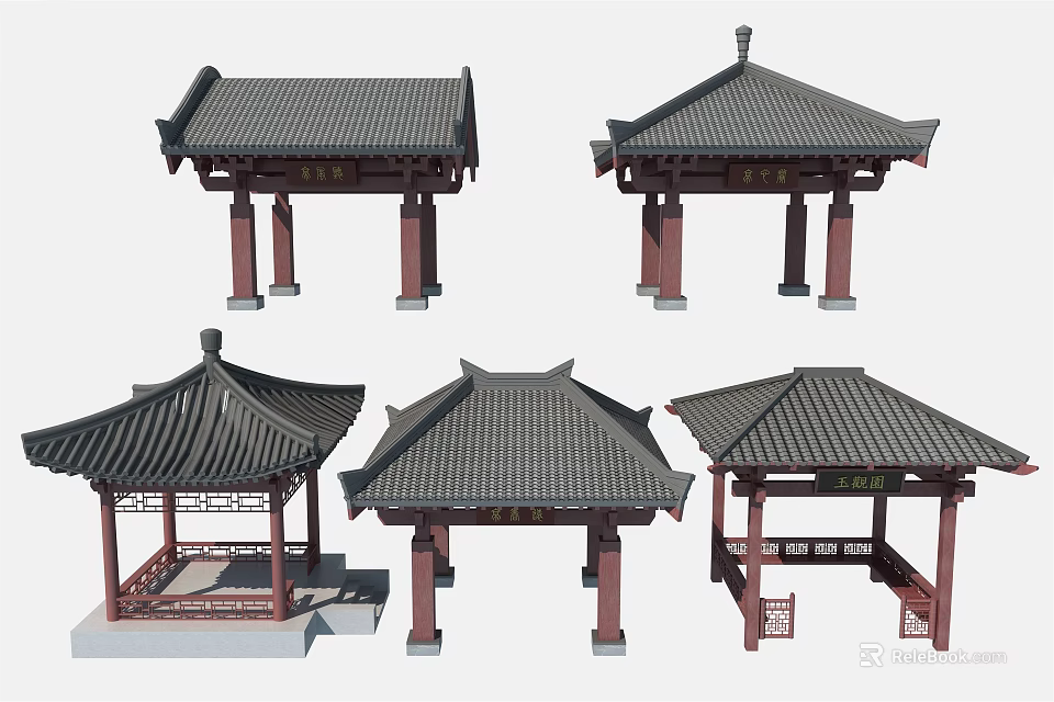 Traditional Chinese Architectural Pavilions With Black Tile Roofs Red Pillars And Various Styles 3d model 