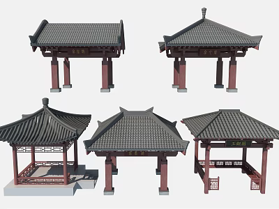Traditional Chinese Architectural Pavilions With Black Tile Roofs Red Pillars And Various Styles 3d model