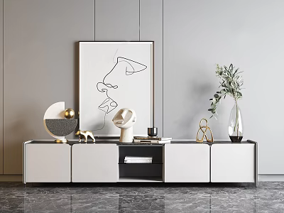 Modern TV Stand With White Black Design Decorative Sculptures Vase And Abstract Painting 3d model