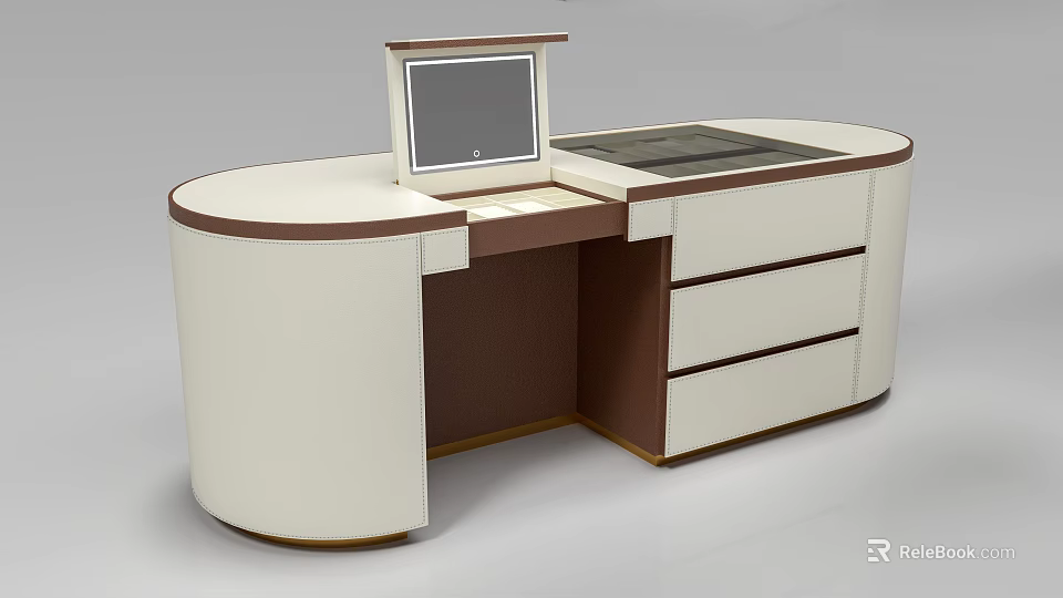 Modern White And Brown Island Cabinet With Computer Screen Countertop And Drawers 3d model 