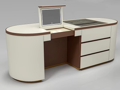 Modern White And Brown Island Cabinet With Computer Screen Countertop And Drawers 3d model