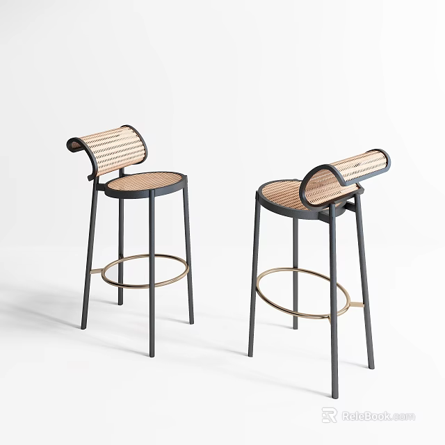 Modern Bar Stools With Rattan Seats And Black Metal Legs 3d model 