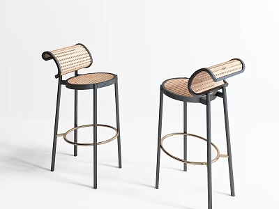 Modern Bar Stools With Rattan Seats And Black Metal Legs 3d model