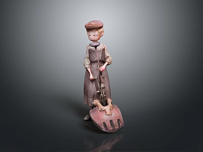 Adorable Child Statue Wearing Dress And Hat Holding Tool On Decorative Base Platform 3d model