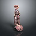 Adorable Child Statue Wearing Dress And Hat Holding Tool On Decorative Base Platform