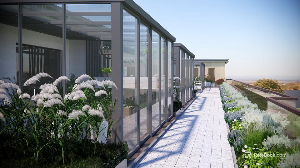 Modern Outdoor Glass Corridor With Landscaped Plants And Paved Walkway 3d model 