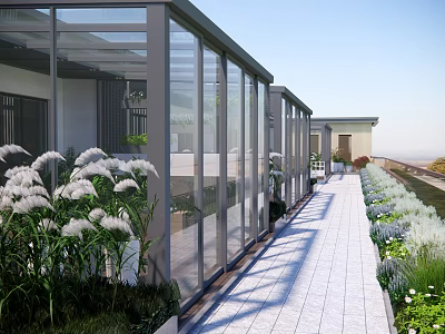 Modern Outdoor Glass Corridor With Landscaped Plants And Paved Walkway 3d model