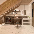 Cozy Indoor Space with Wooden Stairs Bamboo Railings Pendant Lights Open Layout and Stone Flooring