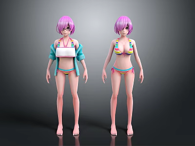 3D Anime Style Female Characters Two Figures With Pink Hair Bikini And Blue Jacket 3d model