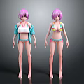 3D Anime Style Female Characters Two Figures With Pink Hair Bikini And Blue Jacket