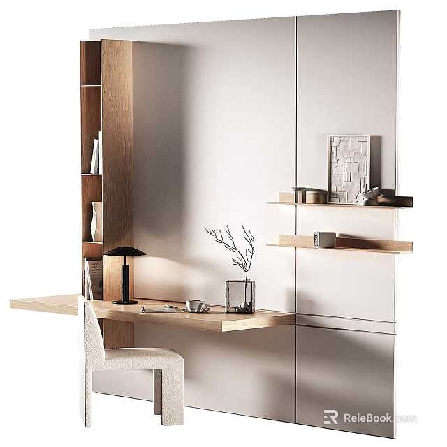 Modern Wooden Bookcase With Desk Chair And Decorative Items In Home Office Interior 3d model 