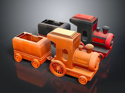 Colorful Toy Train Set With Orange Black And Red Carriages And Locomotive 3d model