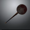 Ancient Serrated Weapon with Long Wooden Handle and Decorative Textured Design