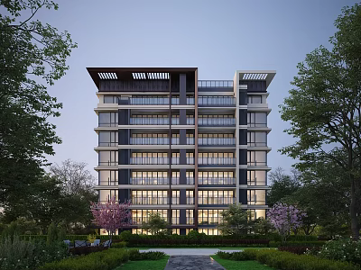 Modern Residential Building With Large Glass Windows And Lush Green Surroundings 3d model