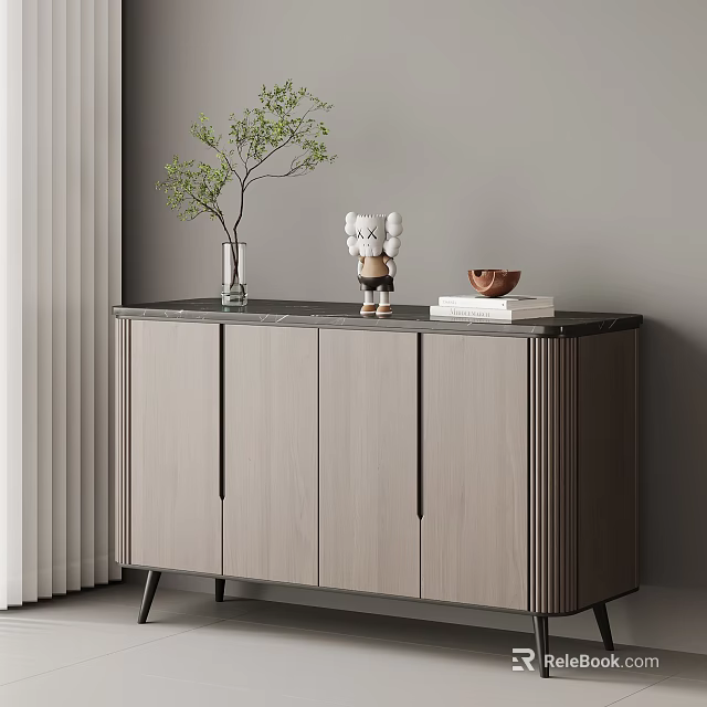 Modern Grey Entryway Cabinet Sideboard With Potted Plant Figurine Bowl And Books On Top 3d model 