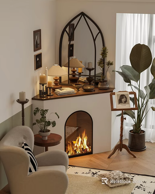 Cozy Living Room Interior With Fireplace Decorative Lamps Plants And Photo Frame 3d model 
